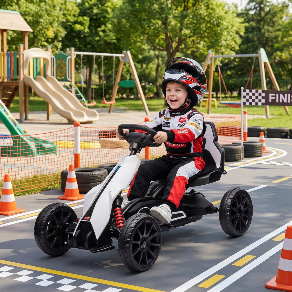 HOMCOM 12V Electric Go-Kart for Kids, Ride-On Racing Go-Kart, with Forward and Reversing Functions, for Ages 3-8 Years - White