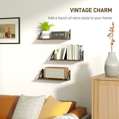 HOMCOM Set of 3 Wall Shelves, 43cm Vintage Wall Mounted Floating Shelves for Living Room, Entryway, Bedroom, Rustic Brown