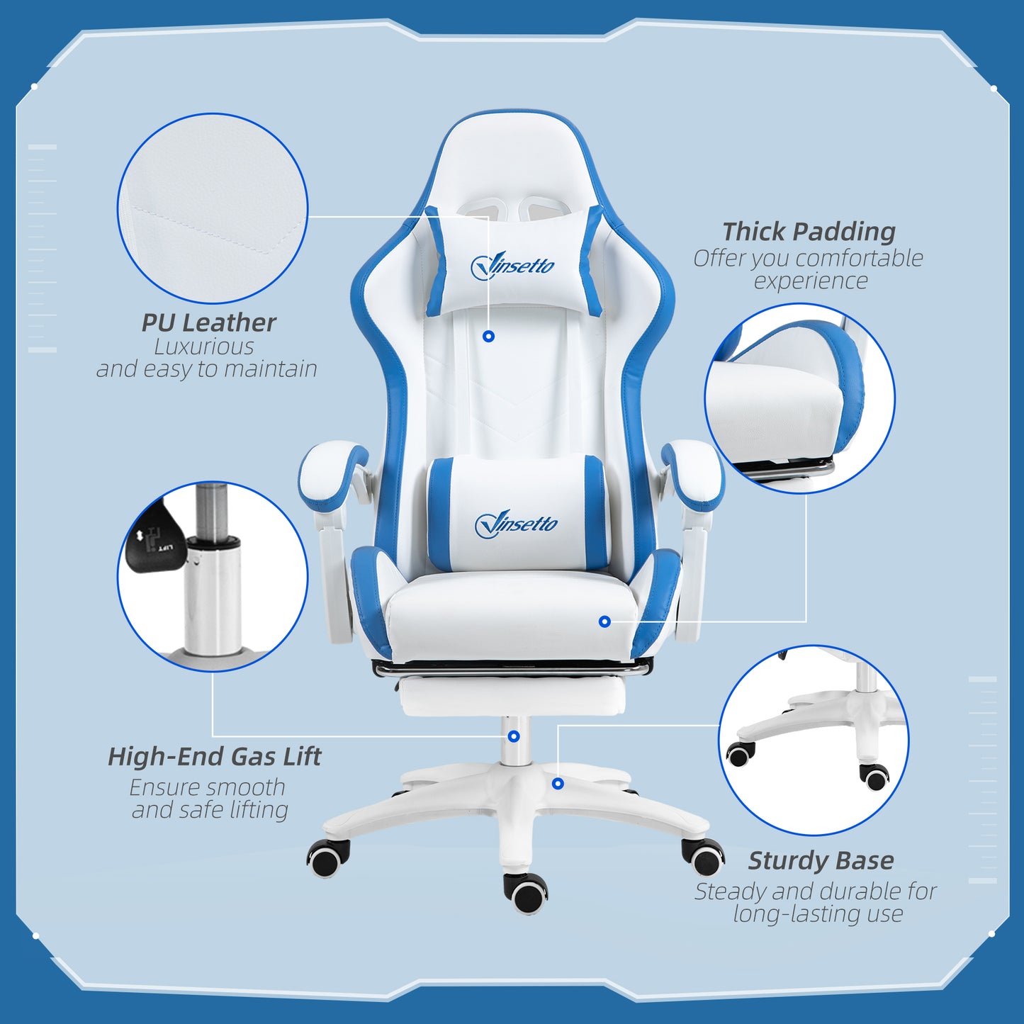 Vinsetto Computer Gaming Chair, PU Leather Office Desk Chair with Footrest, Swivel Wheels, 135° Reclining Back, Lumbar Support, Headrest for Home, White and Blue