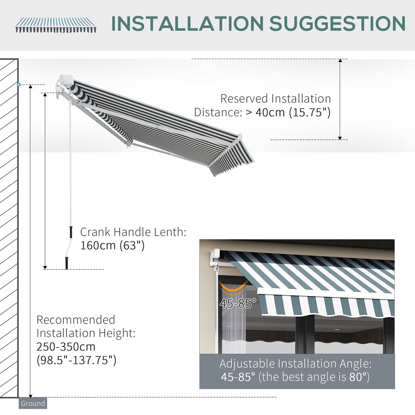 Outsunny Retractable Awning, 2.5x2 m-Dark Green/White