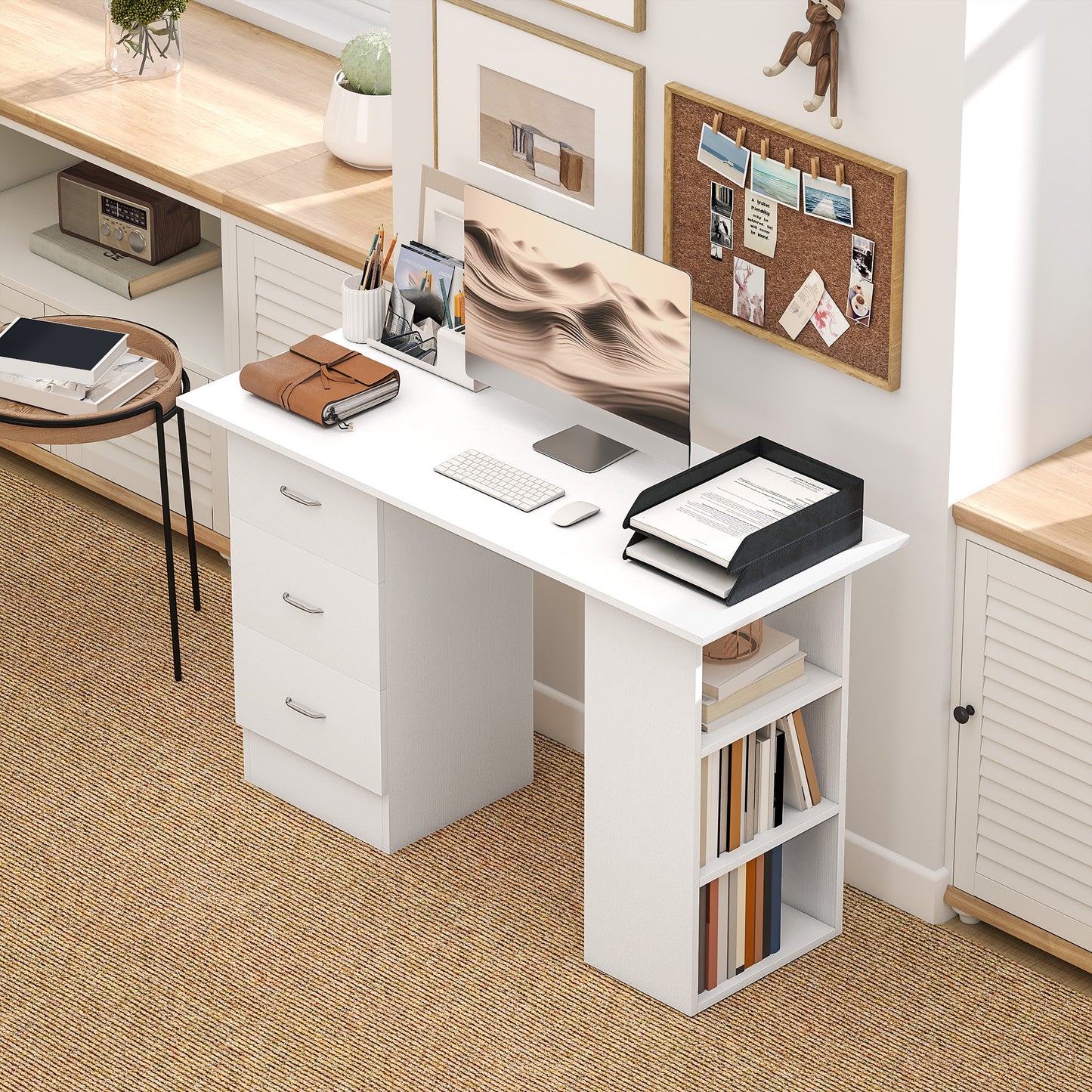 HOMCOM Computer Desk, Home Office Desk, Writing Table, PC Workstation with 3 Storage Shelves and 3 Drawers for Working, Study, 120 x 49 x 72 cm, White