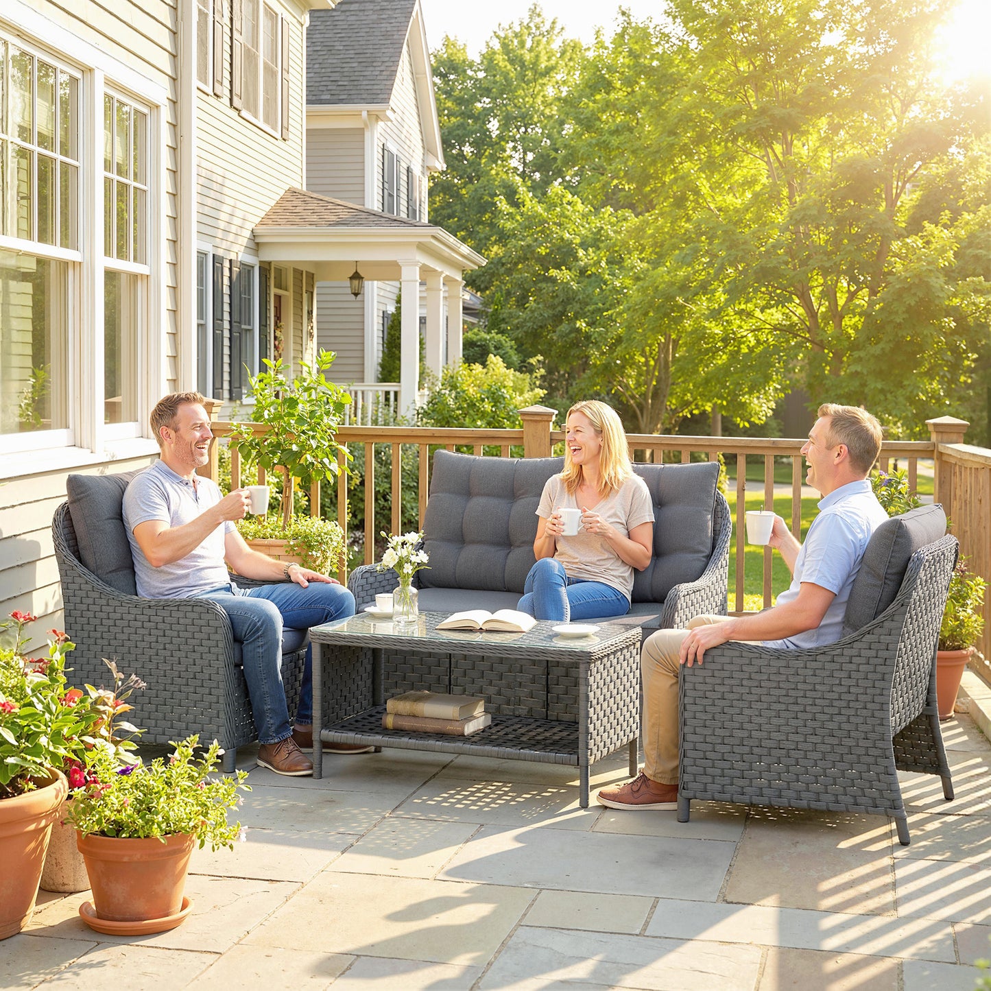 Outsunny 4-Piece Wicker Patio Furniture Set with 2 Armchairs, Loveseat, Glass Coffee Table, Conversation Sofa Set, Dark Grey