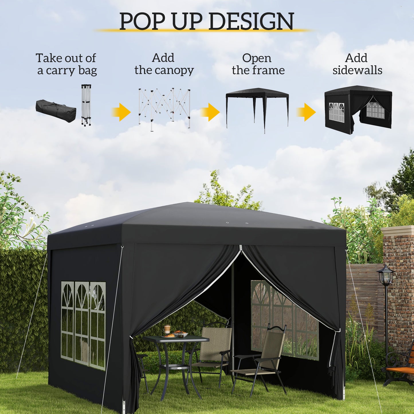 Outsunny 3 x 3 m Garden Pop Up Gazebo, Wedding Party Tent Marquee, Water Resistant Awning Canopy with Sidewalls, Windows, Carry Bag, Black