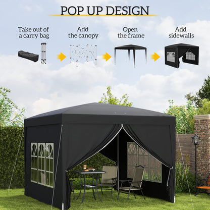 Outsunny 3 x 3 m Garden Pop Up Gazebo, Wedding Party Tent Marquee, Water Resistant Awning Canopy with Sidewalls, Windows, Carry Bag, Black