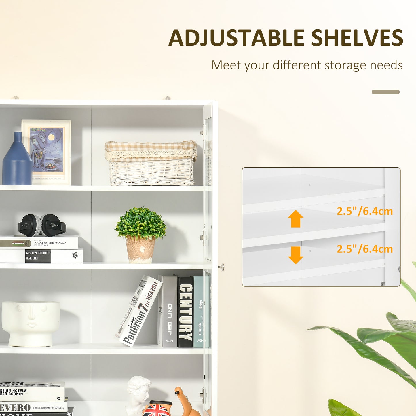 HOMCOM Modern Bookcase with Glass Doors, Display Storage Cabinet with Adjustable Shelves for Living Room, Study, Home Office, Kitchen Cupboard with Small Open Counter, White