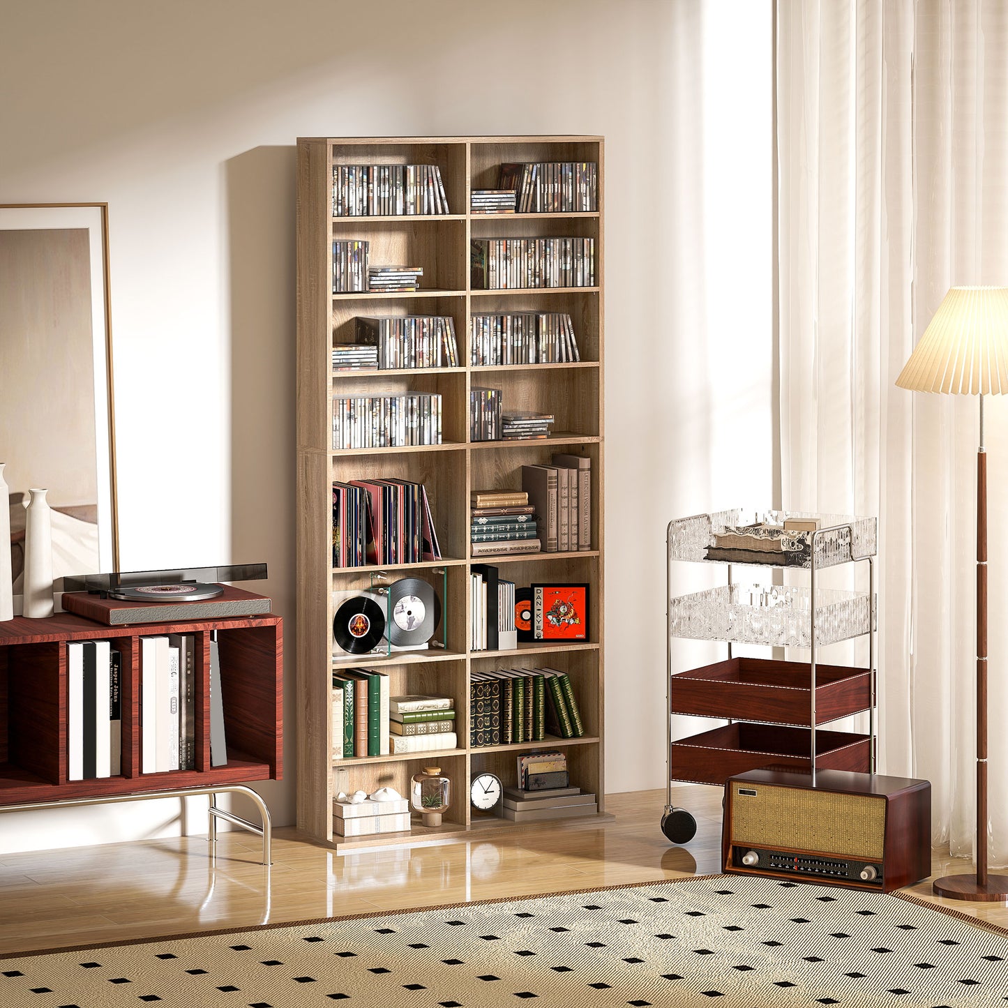 HOMCOM 640 CD Storage Tower - Nature Wood Finish
