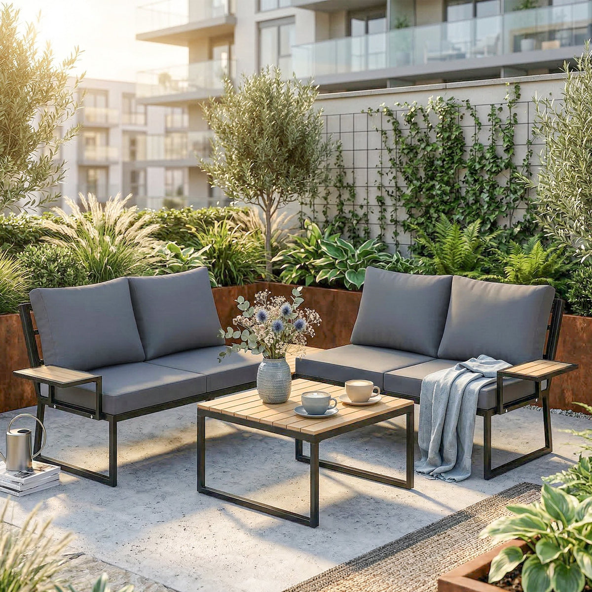 Outsunny 4 Seater Metal Garden Furniture Set, Corner Garden Sofa Set with 2 Loveseats, 2 Nesting Tables, Arm Side Trays, Teak