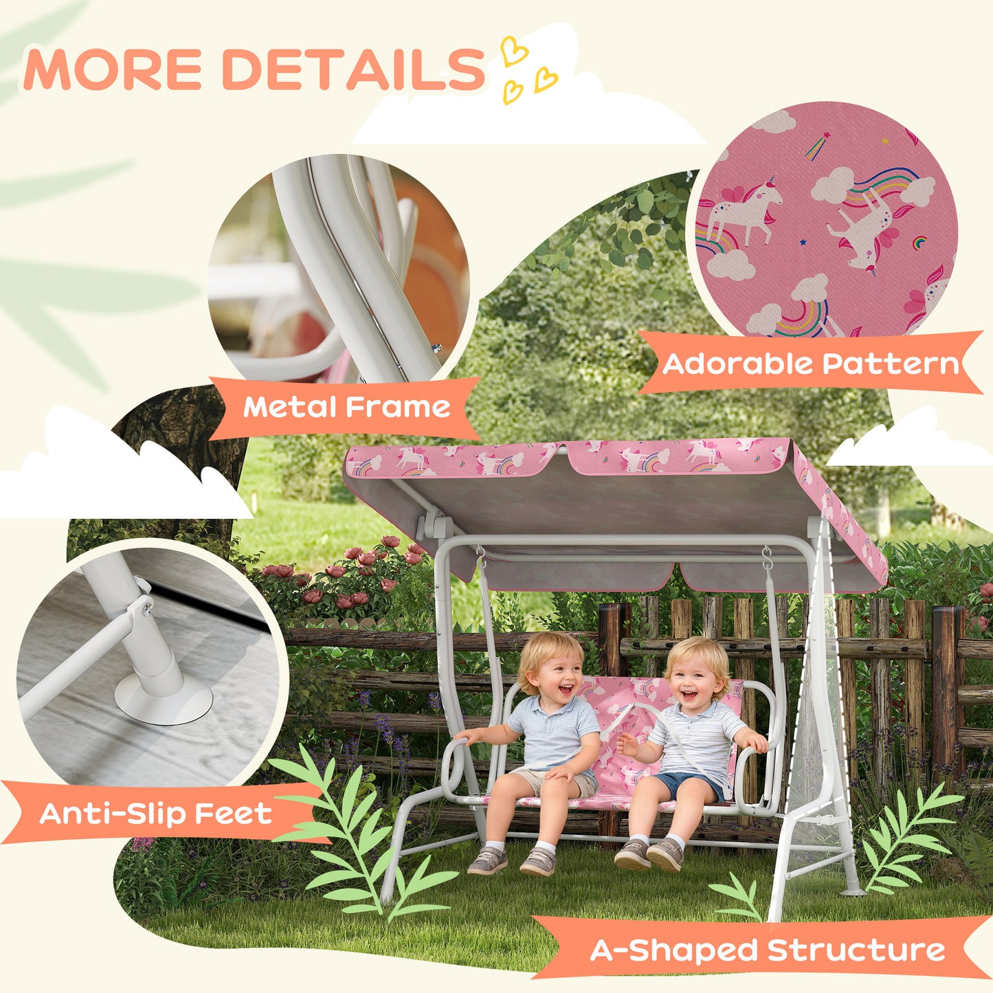 AIYAPLAY Kids Porch Swing, 2-Seater Patio Swing Bench Hammock with Seat Belts, Adjustable Canopy for Garden, Pink