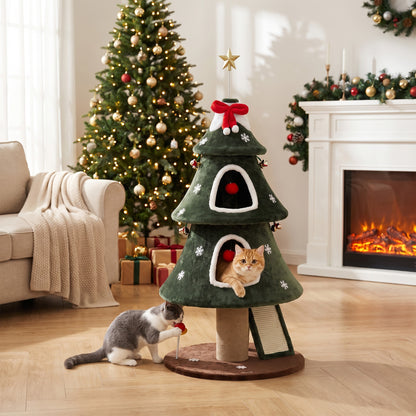 PawHut Cat Tree, Christmas Cat Tower with Dual Condos, Sisal Ladder, Jute Posts, Anti-Tip Rope, Hanging Balls, 60 x 60 x 132 cm