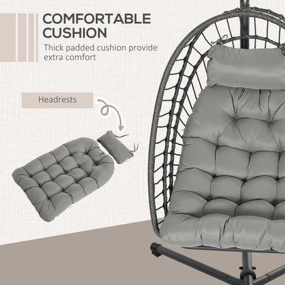 Outsunny Outdoor PE Rattan Swing Chair with Foldable Basket and Cushion, Garden Patio Hanging Egg Chair with Metal Stand, Headrest for Indoor and Outdoor, Light Grey