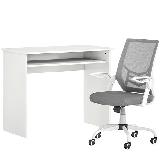 HOMCOM Home Office Furniture Set, Modern Computer Desk with Storage Shelf and Ergonomic Mesh Chair with Flip-Up Arms, Lumbar Support, Adjustable Height, Swivel Wheels, White and Grey