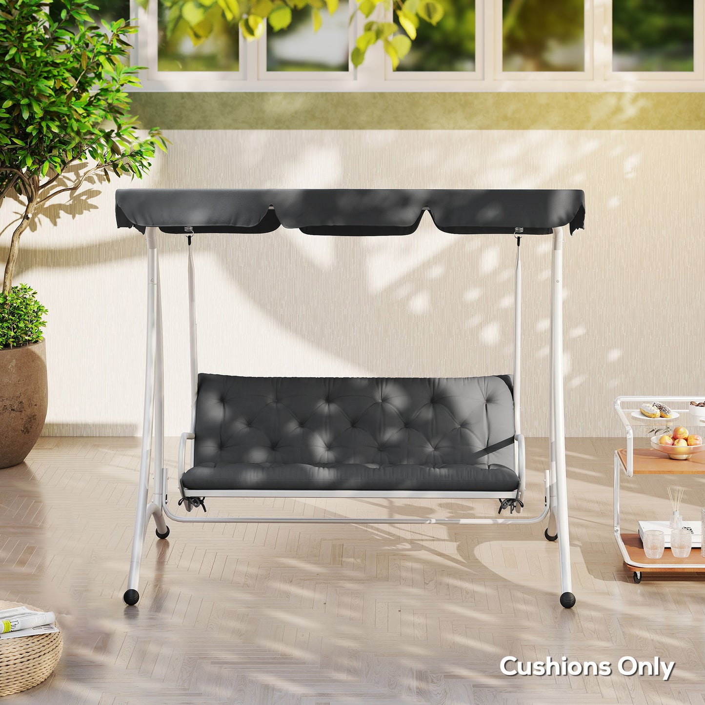 Outsunny 3 Seater Bench Cushion, Garden Chair Cushion with Back and Ties for Indoor and Outdoor Use, 98 x 150 cm, Dark Grey