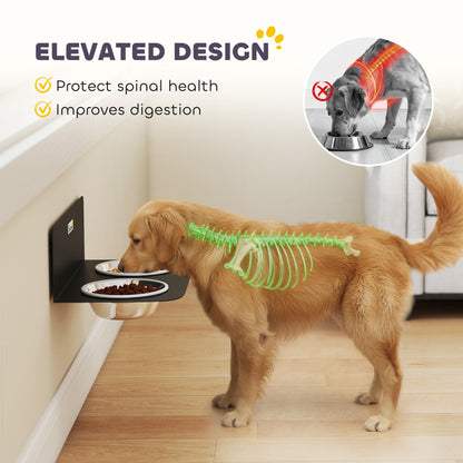 PawHut Wall Mount Dog Bowls, Adjustable Height Raised Dog Feeding Station with 2 Stainless Steel Bowls, 10kg Capacity, Black