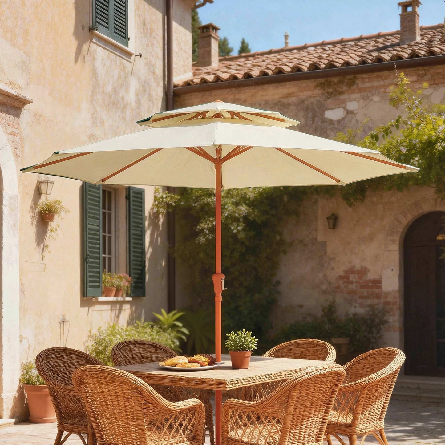 Outsunny 2.7 m Garden Parasol with Double Top Outdoor Market Table Umbrella with Crank System, Cream White--ChewyGames-ChewyGames
