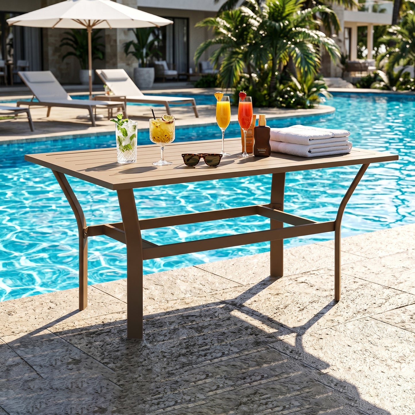 Outsunny Metal Garden Coffee Table, Rectangular Outdoor Side Table with Slatted Tabletop, Foot Pads for Outside, Garden, Balcony, Porch, 91.5 x 55 x 45cm, Brown