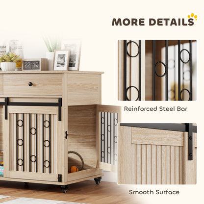 PawHut Dog Crate Furniture on Wheels, Dog Cage with 2 Drawers, Sliding Door, for Medium Large Dogs, Oak Tone
