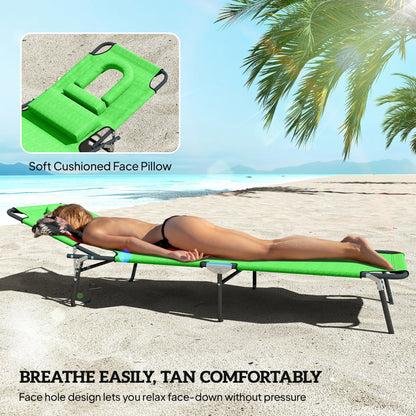 Outsunny Folding Sun Loungers Set of 2 with Face Hole, 4-Position Adjustable Backrest Garden Recliner Chairs Sunbeds, Outdoor Lounge Chairs with 600 D Oxford Cloth Seat, Pillow for Beach, Green