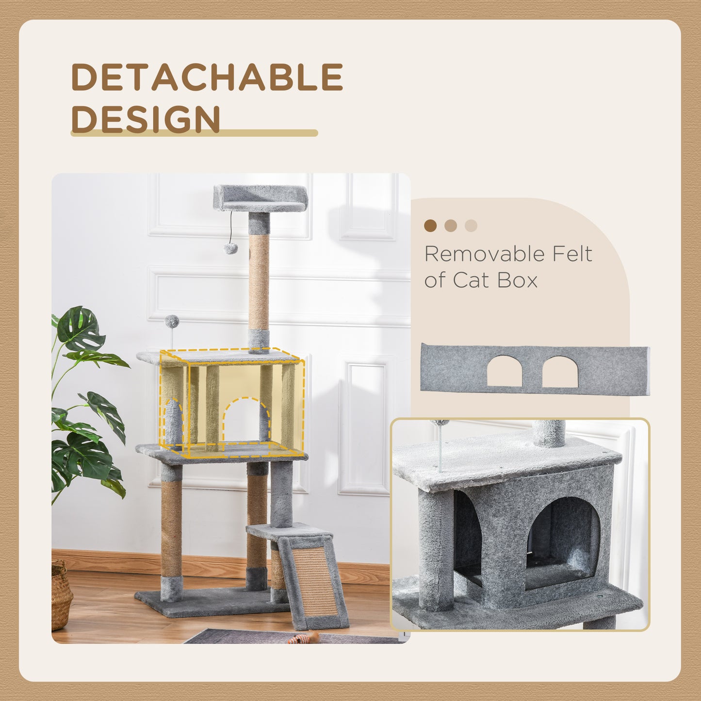 PawHut Cat Tree Tower 142cm Climbing Kitten Activity Center with Jute Scratching Post Board, Removable Felt Hanging Toy, Grey