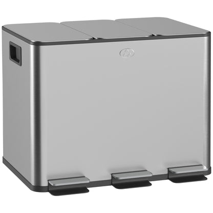 HOMCOM 3 x 20L Pedal Bin, Steel Triple Kitchen Bin with Soft Close Lid, Removable Inner Buckets, Fingerprint-Proof, Silver Tone