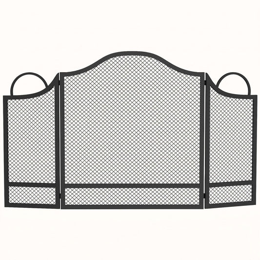 HOMCOM Floral 3-Panel Folding Fireplace Screen for Hearth Protection, Heat-Resistant Metal Fire Spark Guard, Black