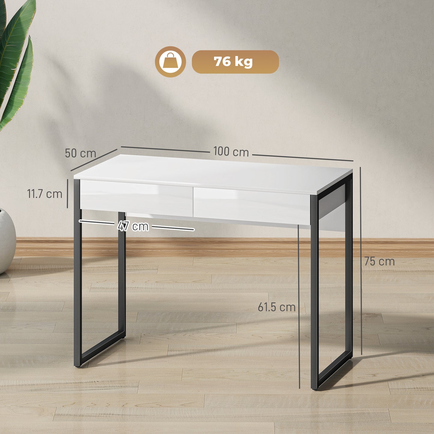 HOMCOM High Gloss Work Table, with Drawers - White