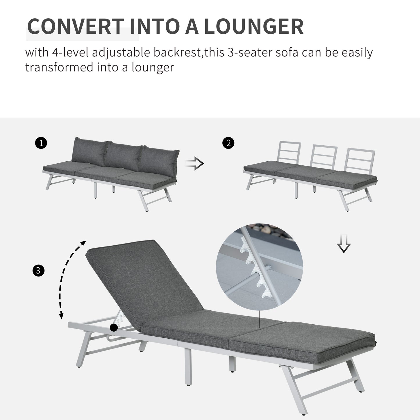 Outsunny 3 Pieces Garden Furniture Sets, 6 Seater Corner Sofa Set with Adjustable Backrest Chase Lounge with Slatted Metal Top Table, Padded Cushion, Grey