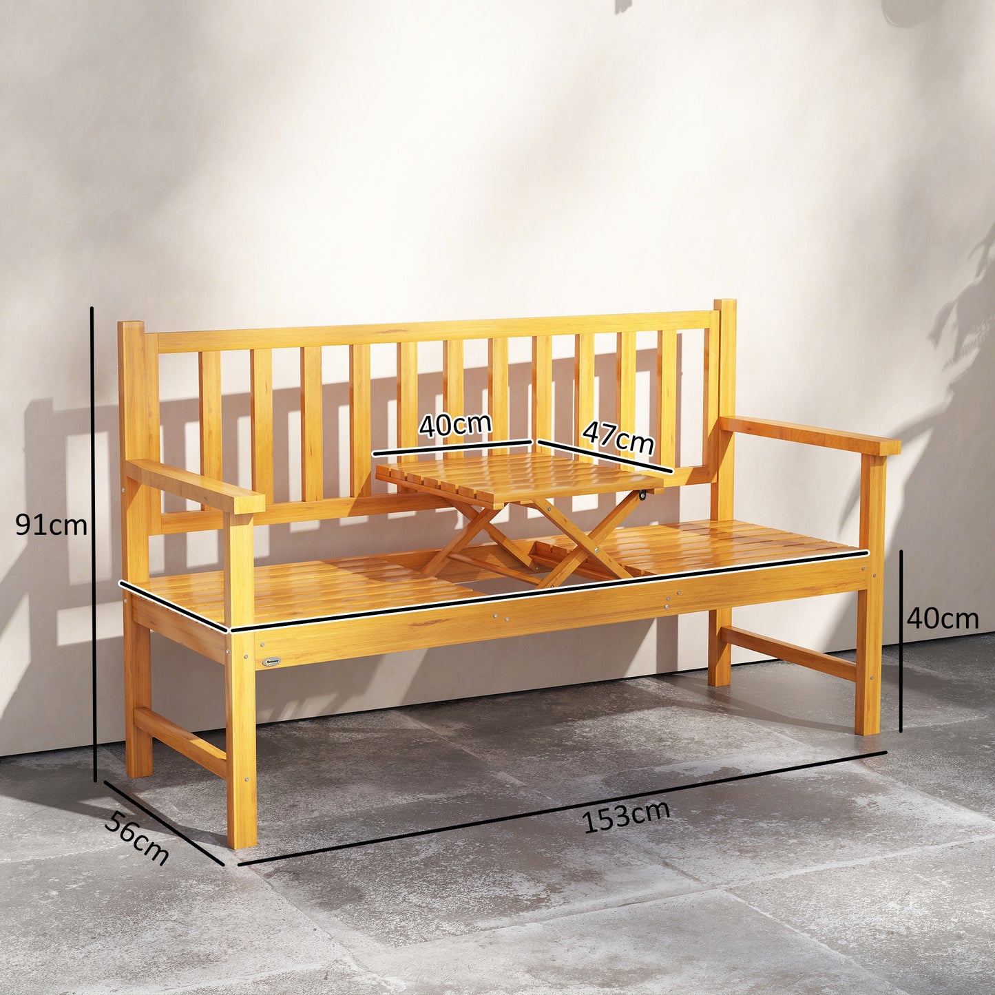 Outsunny Wooden Bench with Liftable Middle Table, Outdoor Bench, Patio Loveseat for Porch, Garden, Seats 2-3 People