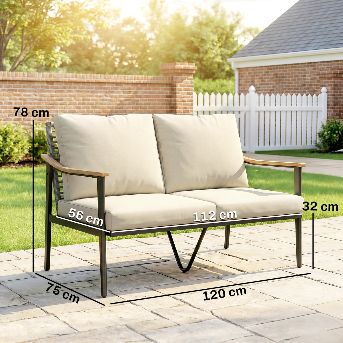 Outsunny 2 Seater Rattan Sofa, Outdoor Garden Sofa with Wood-Effect Armrests, Cushions for Patio, Balcony, Khaki