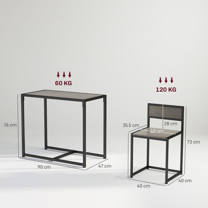 HOMCOM Dining Table and Chairs Set 2, Dining Room Sets, Rectangular Space Saving Table and 2 Chairs for Compact Kitchens, Steel Frame, Grey Wood-Effect
