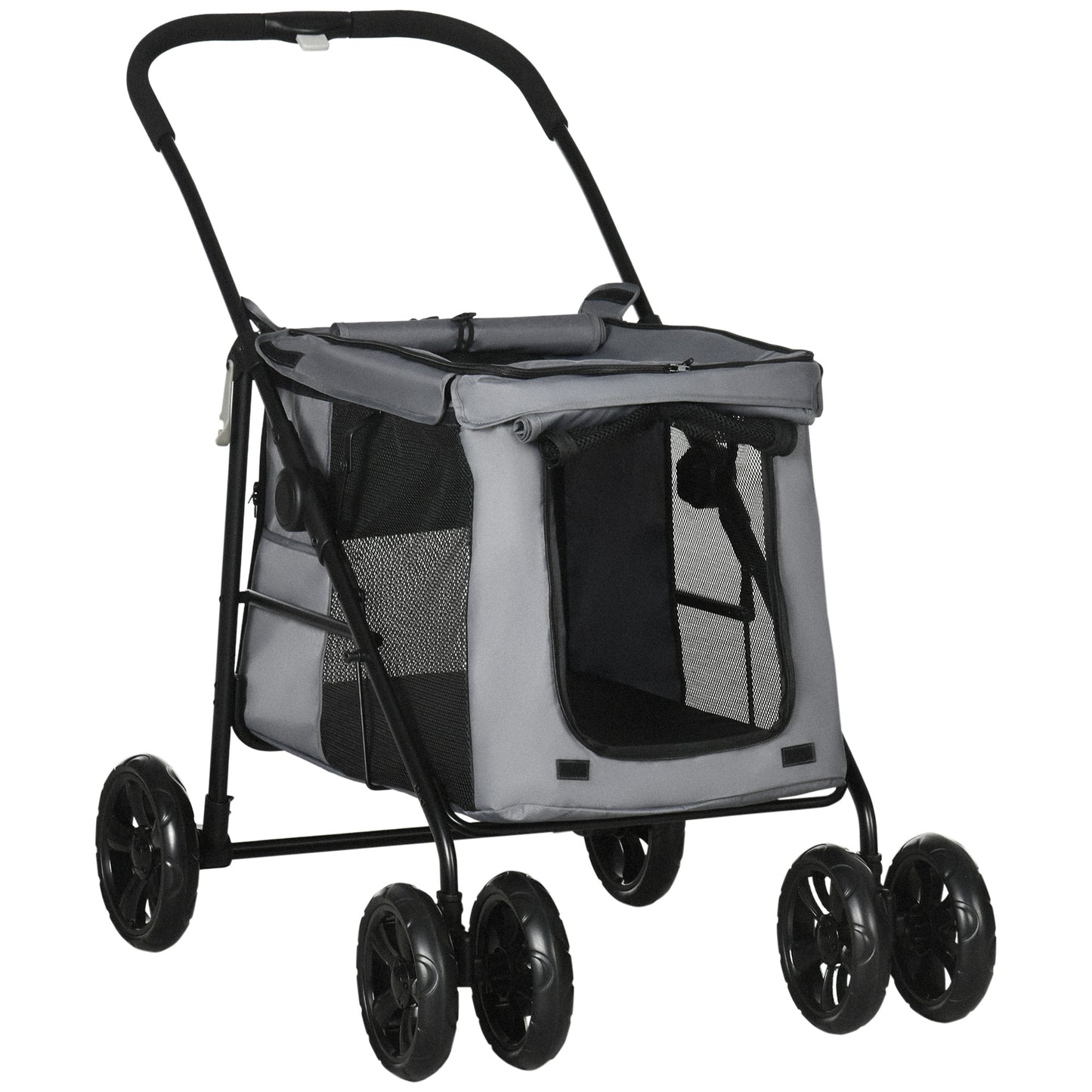 PawHut Dog Pram Dog Stroller 4 Wheels Pet Pushchair with Rolling Door, Cushion, Safety Leashes, for Small and Medium Breeds, Grey