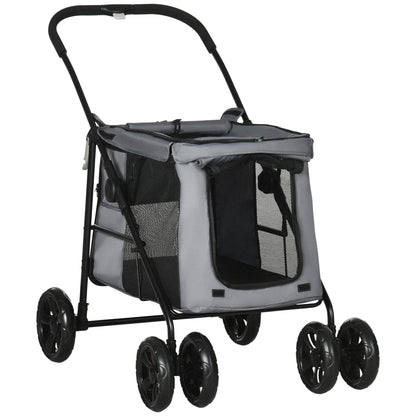PawHut Dog Pram Dog Stroller 4 Wheels Pet Pushchair with Rolling Door, Cushion, Safety Leashes, for Small and Medium Breeds, Grey
