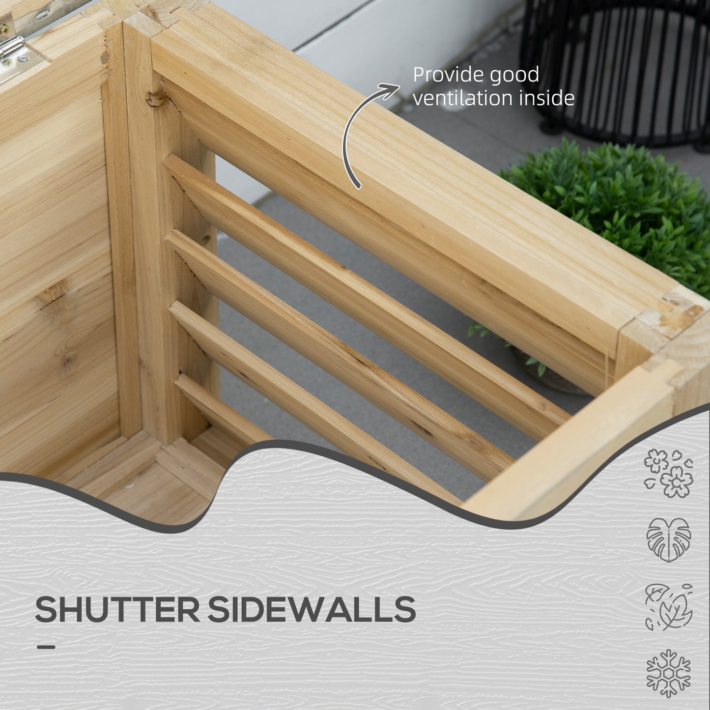 Outsunny 155L Outdoor Storage Box with Metal Top and Shutter Walls, Wooden Outside Tool organiser Container, for Garden, terrace--ChewyGames-ChewyGames