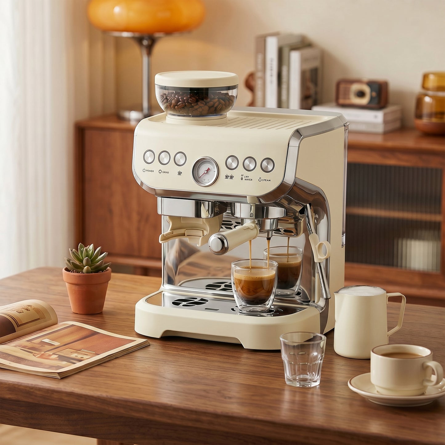 HOMCOM 15 Bar Coffee Machine, with Adjustable Grind, Steamer and Accessories - Cream White