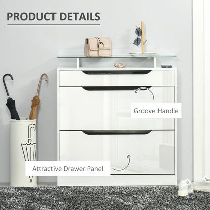 HOMCOM Shoe Storage Cabinet with Slide Out Drawer, 2 Flip Doors, Tempered Glass Top - White