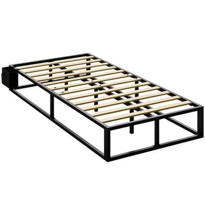 HOMCOM 12 Slats Metal Platform Bed Frame, 3ft Single Bed Frame with Storage Bag and Anti-Slip Pads, Black