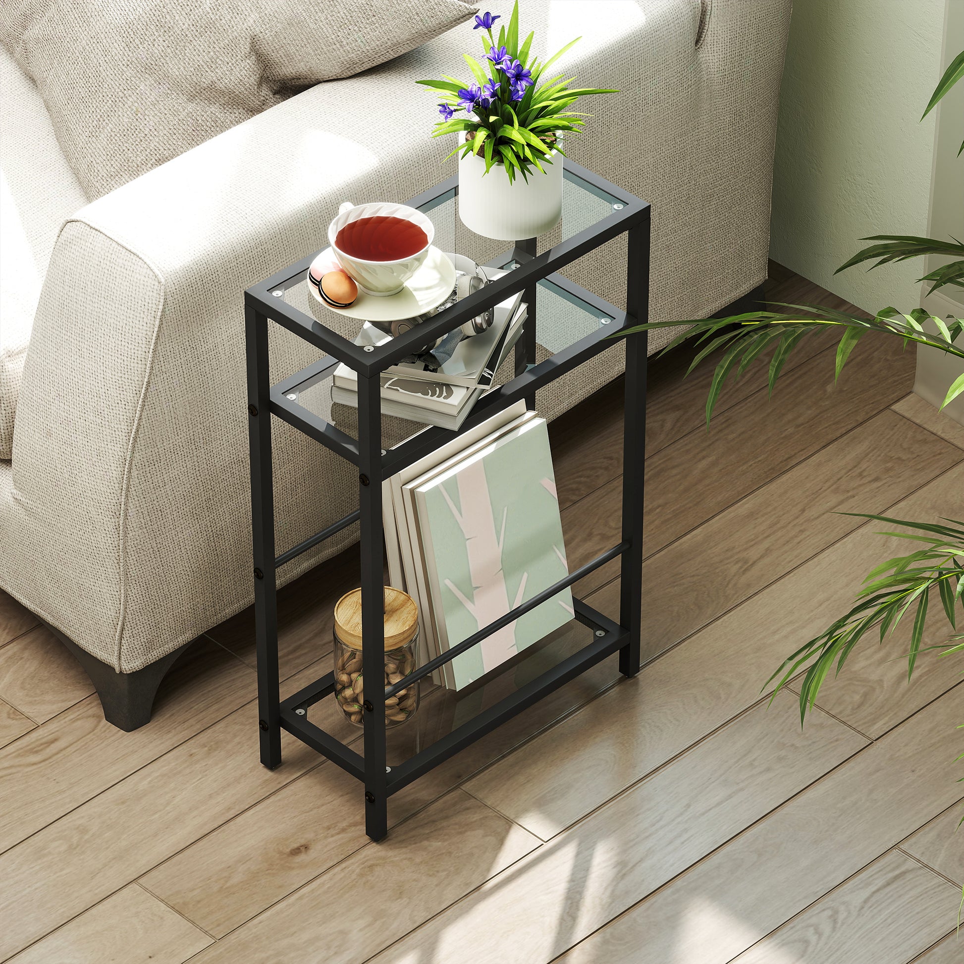 HOMCOM 3-Tier Side Table, Narrow End Table with Storage Shelf and Tempered Glass Tabletop for Small Spaces, Black-End Tables-ChewyGames-ChewyGames