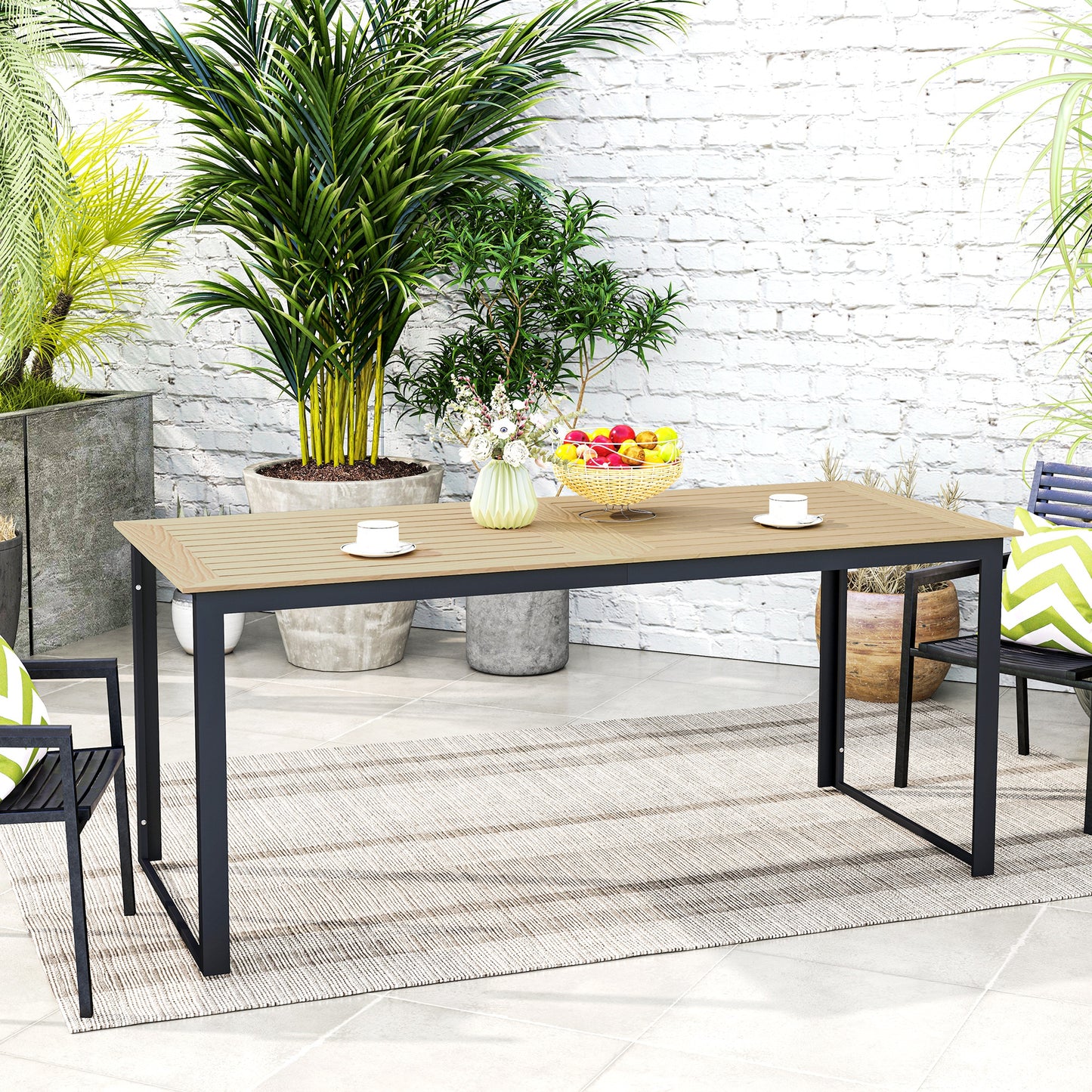 Outsunny Garden Table for 6 People, 175 x 78 x 75 cm Rectangle Outdoor Dining Table with Slatted Top, Metal Frame, for Balcony, Deck, Teak