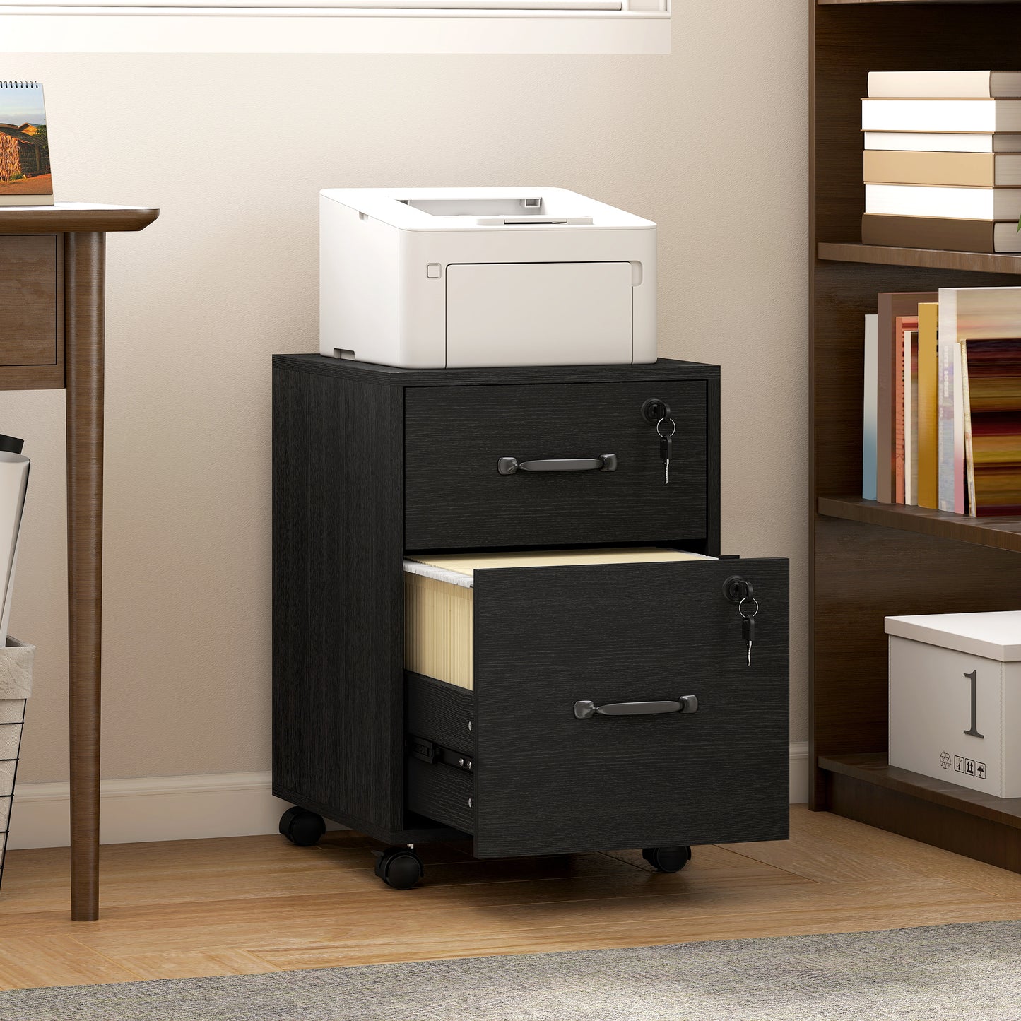 HOMCOM Rolling File Cabinet with 2 Drawers, Mobile Filing Cabinet with Hanging File Folder for Letter Sized Documents, Black