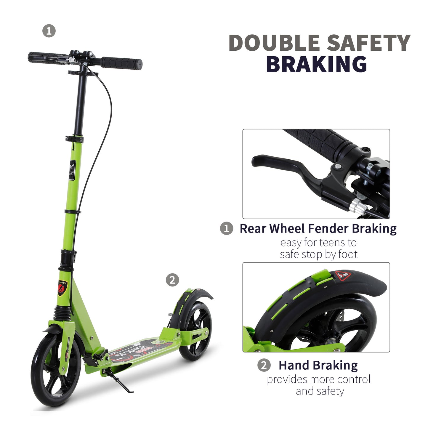 HOMCOM Kick Scooter, Folding 2 Wheel Scooter with Dual Brake System, Dual Suspension, 230mm Big Wheels and 3 Adjustable Handlebar, for 14+ Teens Adults, up to 100KG, Green