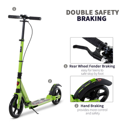 HOMCOM Kick Scooter, Folding 2 Wheel Scooter with Dual Brake System, Dual Suspension, 230mm Big Wheels and 3 Adjustable Handlebar, for 14+ Teens Adults, up to 100KG, Green