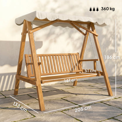 Outsunny 3 Seater Garden Swing Seat with Canopy, Wooden Swing Chair, Outdoor Hammock Bench for Balcony Patio Porch, Cream White