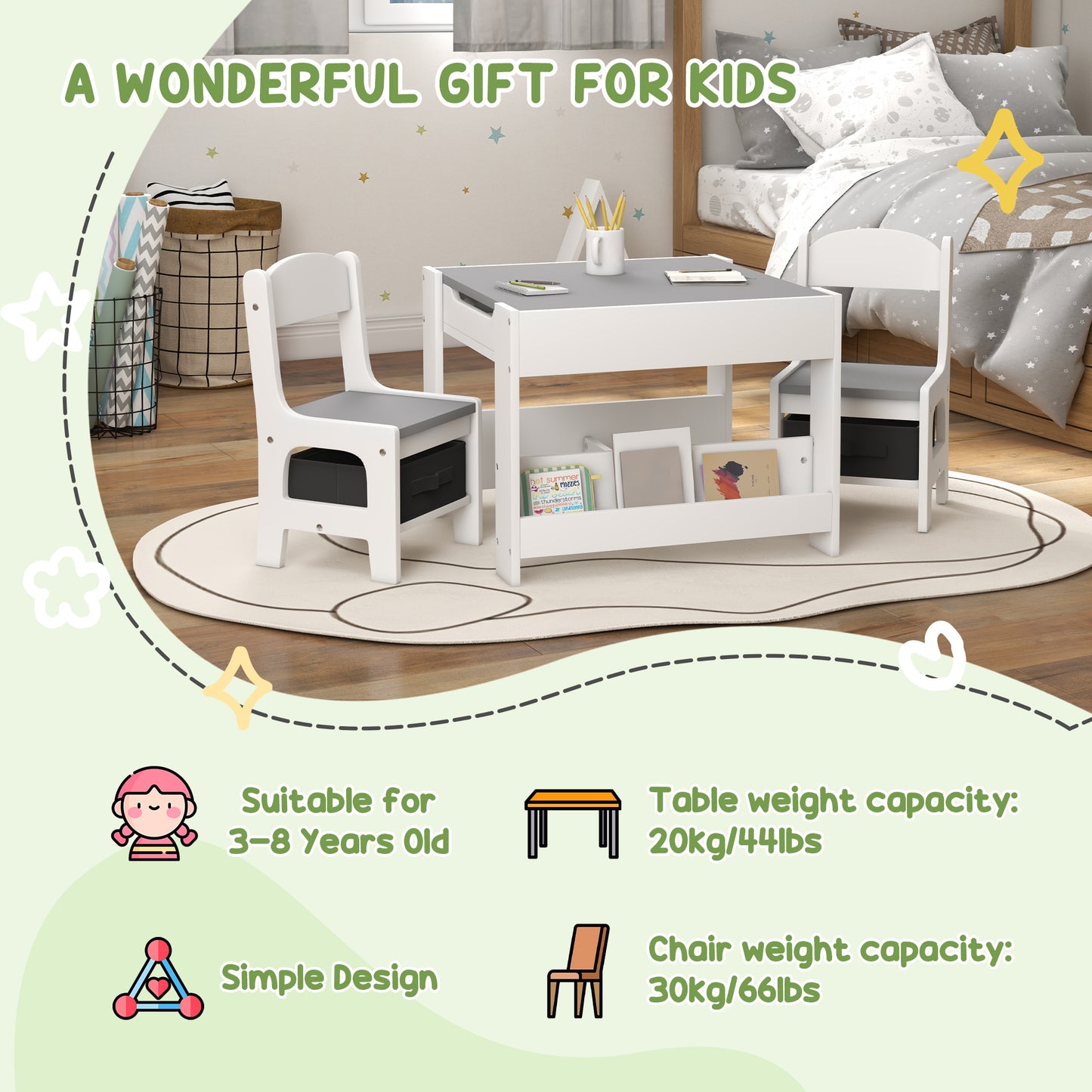 HOMCOM Three-Piece Kids Table and Chair Set with Blackboard, Storage, Bookshelves - Grey