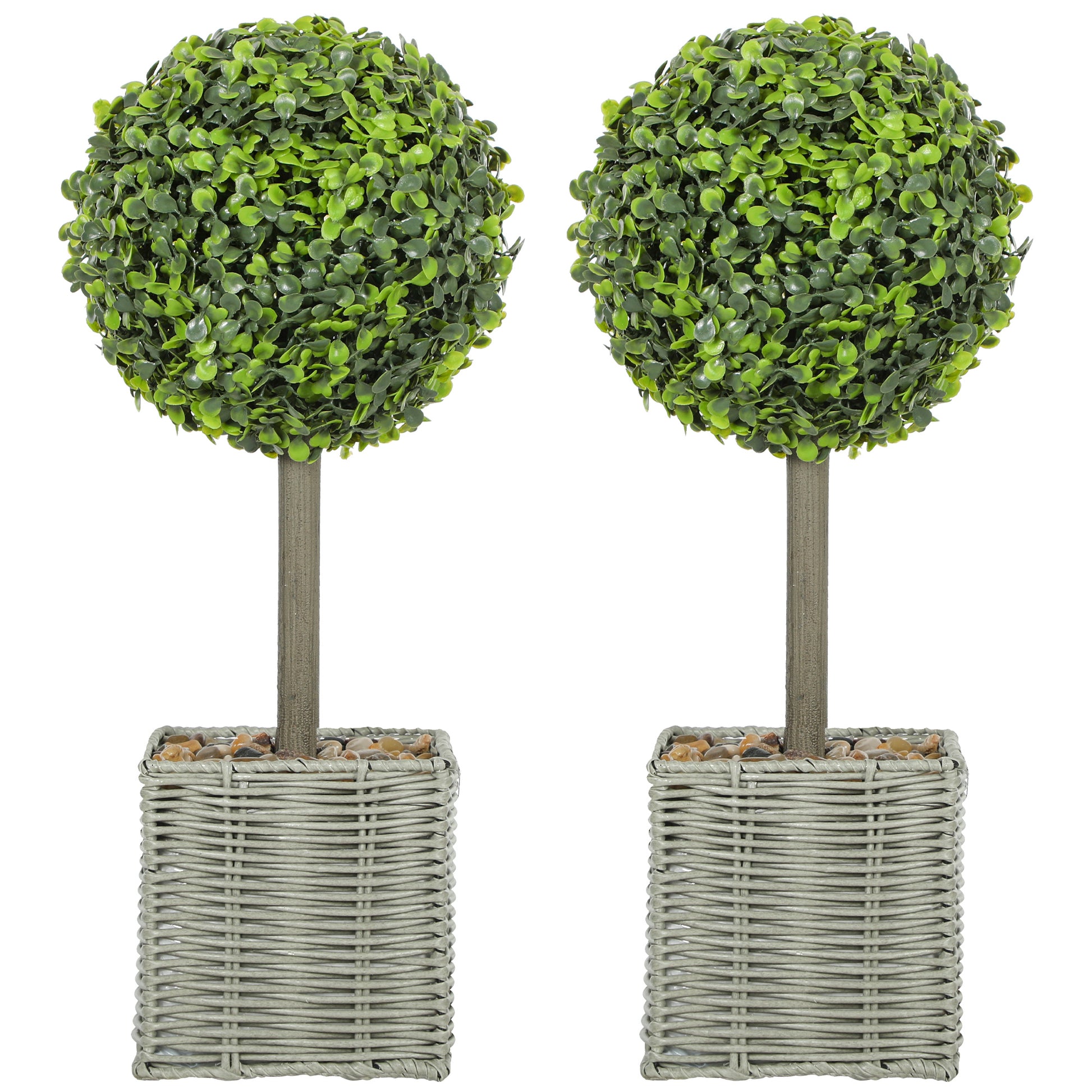 HOMCOM Set of 2 Decorative Artificial Plants, 50cm Faux Boxwood Topiary Balls with Woven Plastic Pot and Pebbles, Fake Plants for Home or Office Decor, Green-Artificial Trees-ChewyGames-ChewyGames