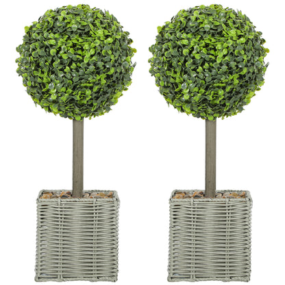 HOMCOM Set of 2 Decorative Artificial Plants, 50cm Faux Boxwood Topiary Balls with Woven Plastic Pot and Pebbles, Fake Plants for Home or Office Decor, Green-Artificial Trees-ChewyGames-ChewyGames