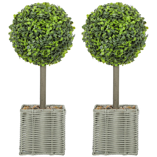 HOMCOM Set of 2 Decorative Artificial Plants, 50cm Faux Boxwood Topiary Balls with Woven Plastic Pot and Pebbles, Fake Plants for Home or Office Decor, Green-Artificial Trees-ChewyGames-ChewyGames