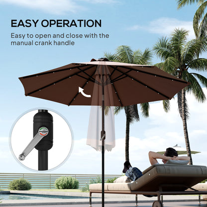 Outsunny Φ2.7m Garden 24 LED Light Parasol Solar Outdoor Tilt Sun Umbrella Patio Club Party Event Manual Sun Shade w/ Hand Crank and 8 Ribs, Brown