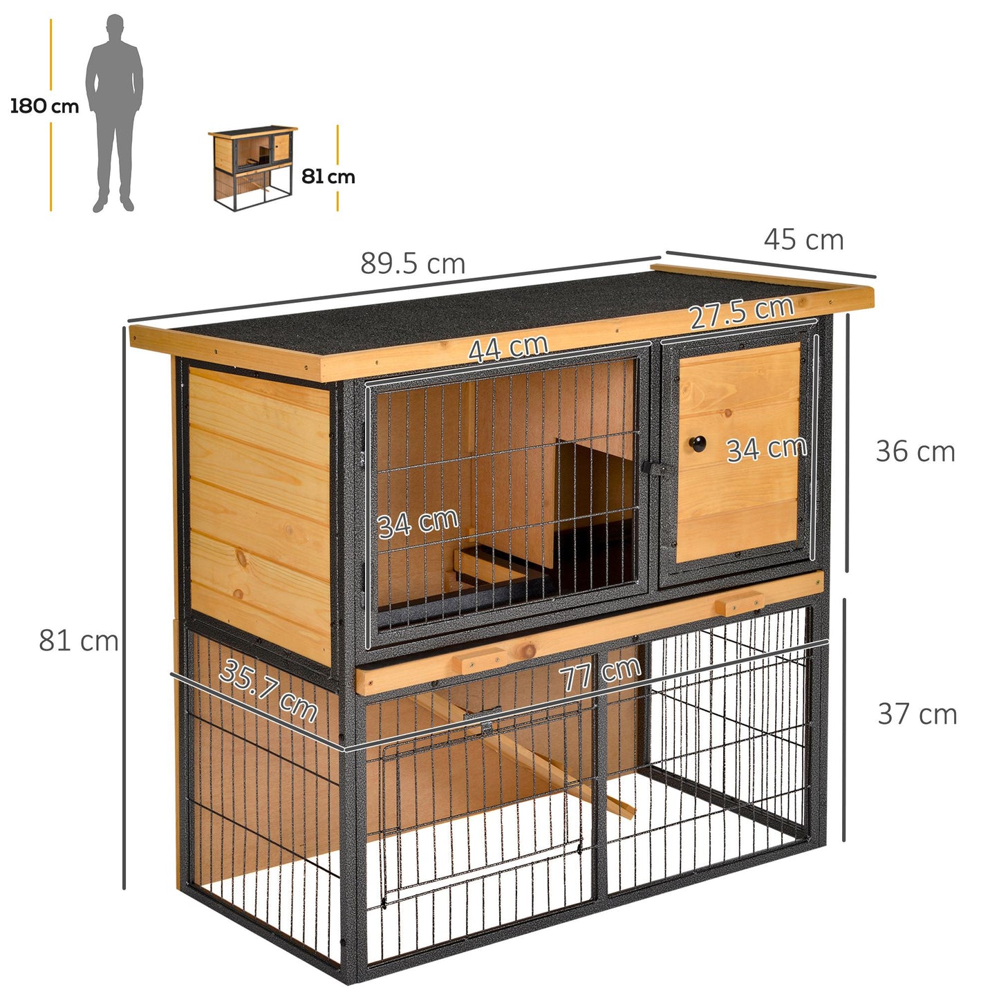 PawHut Guinea Pig Hutch Rabbit Hutch Wood-metal Elevated Pet House Bunny Cage with No-Leak Tray Ramp Openable Roof Outdoor 89.5 x 45 x 81cm Light Yellow--ChewyGames-ChewyGames