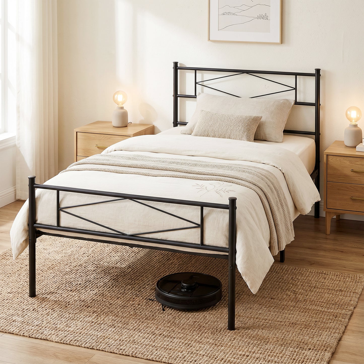 HOMCOM 3ft Single Bed Frame with Headboard and Footboard, Metal Platform Bed Frame with 32 cm Underbed Storage, Black