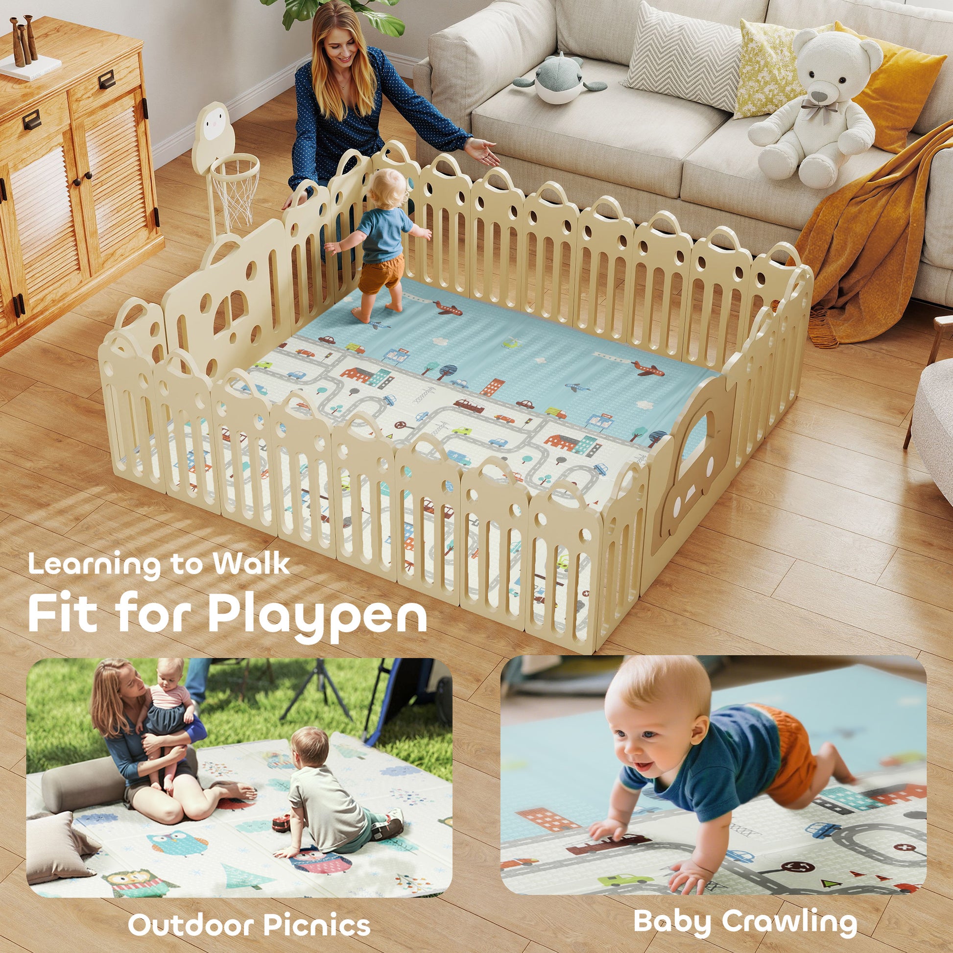 AIYAPLAY Foldable Baby Plat Mat Double Sided, Kids Floor Mat for Crawling, 200L x 150W cm, Car track and Owl Theme-Play Mats-ChewyGames-ChewyGames