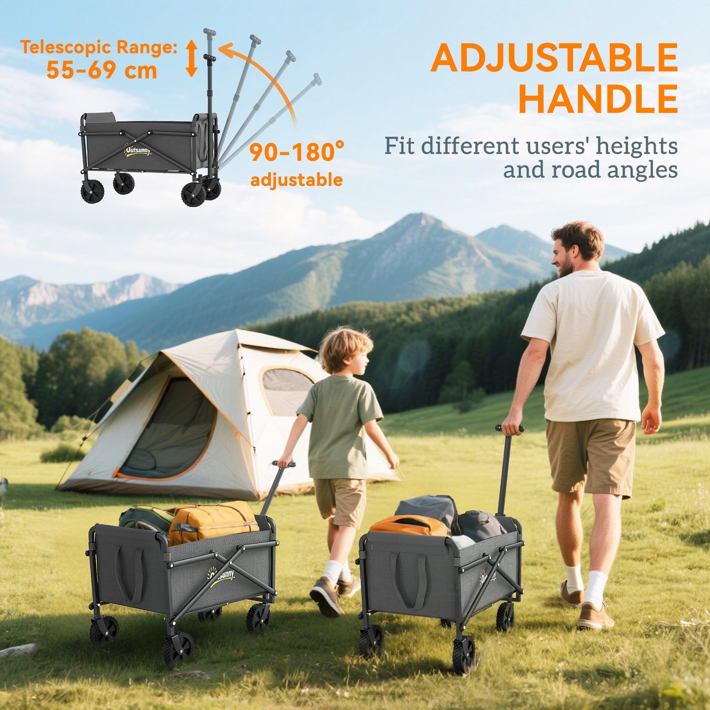 Outsunny 41L Festival Trolley on Wheels, Compact Garden Folding Trolley Cart, 60kg Heavy Duty Collapsible Foldable Wagon with Adjustable Handle and Carrying Bag for Beach, Camping, Festival, Grey